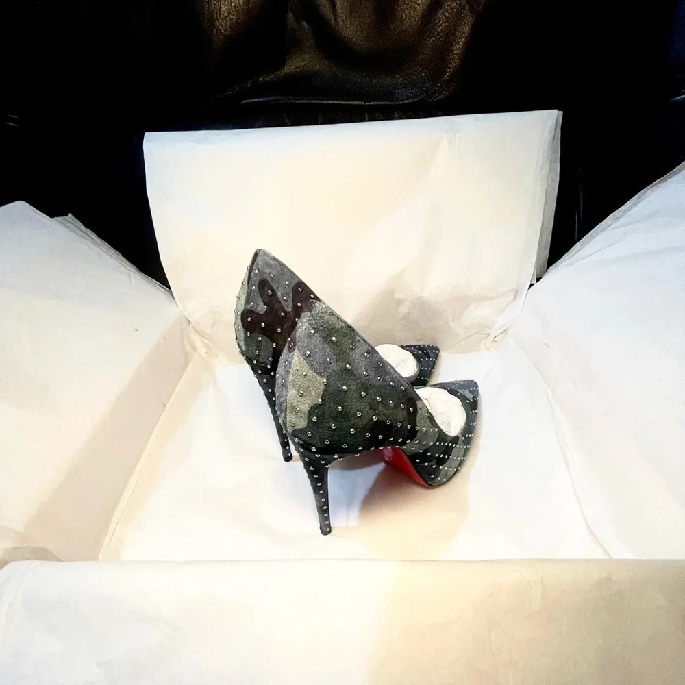 Christian Louboutin Kate 100 Studded blue green camouflage suede stiletto 38